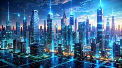Naklejka premium Ciudad Holográfica Futurista con Elementos Digitales 