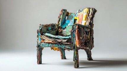 A chair assembled from a variety of discarded materials found in trash heaps, Showcase the diverse range of materials that can be recycled and repurposed