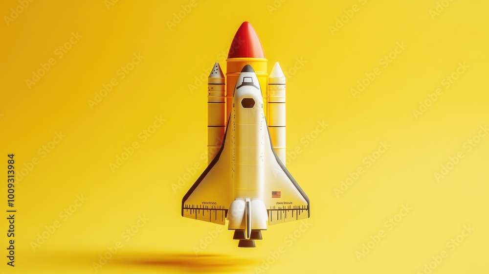 Poster a scale model of a space shuttle sitting on a bright yellow background, ideal for use in illustratio