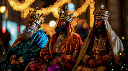 Majestic portrayal of Three Kings in ornate robes and crowns against a sunset backdrop. Concept for Dia de Reyes Magos day,Three Wise Men