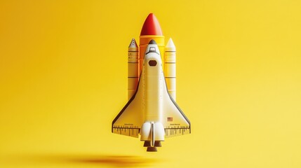 A scale model of a space shuttle sitting on a bright yellow background, ideal for use in illustrations about space exploration or education