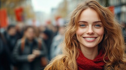 Obraz premium Portrait of a smiling woman with freckles in a crowd