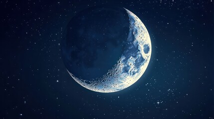 Fototapeta premium A crescent moon shining at night, completing its lunar cycle of 30 days. The moon is Earth's natural satellite.