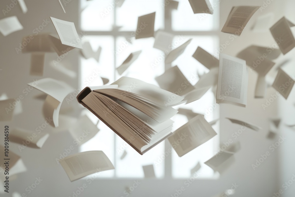 Aufkleber an open book soaring through the air, a unique and imaginative scene