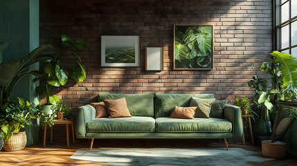 Green Velvet Couch in a Room with Brick Walls and Plants - 3D Illustration