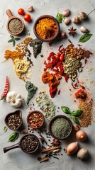 A world map made of spices, vegetables on a table. Continents outlined with turmeric, paprika, etc. Vegetables like onions scattered. Colorful, diverse portrayal of global spice richness.