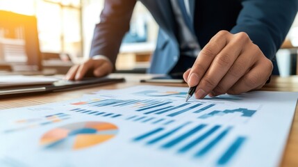 A person analyzing business data with graphs and charts on a desk.