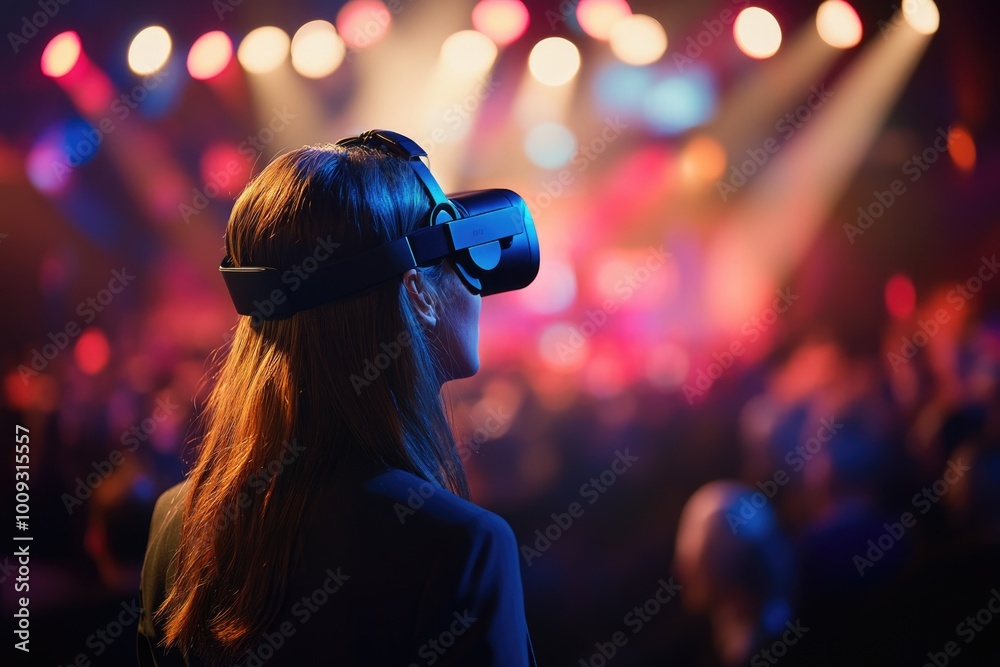 Aufkleber a woman wearing a virtual reality headset in front of a crowd, great for tech and innovation concept