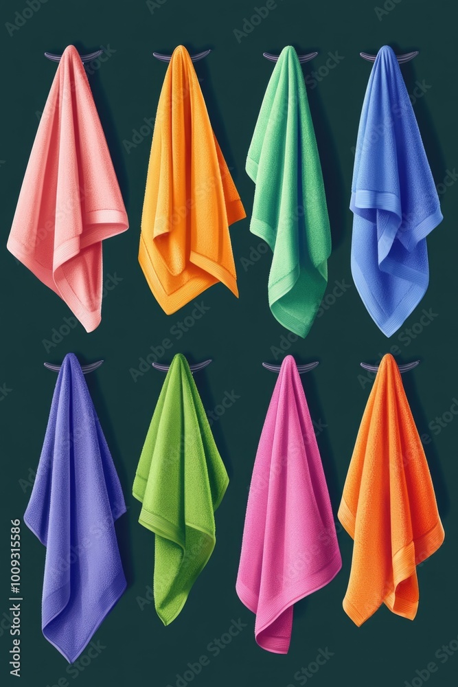 Poster a collection of colorful towels hung neatly on a wall, great for use in bathrooms or as a decorative