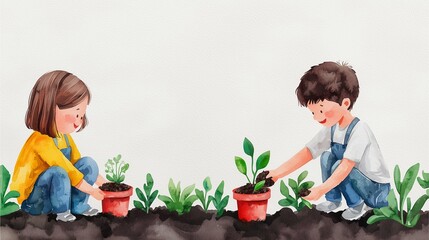 Two children are planting seedlings in pots, surrounded by green plants in a colorful, cheerful garden setting.