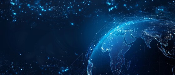 Earth illuminated in blue light, showing population density spots and global communication network. Abstract starry cloud background signifies global connectivity.
