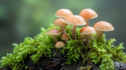 A cluster of small orange mushrooms growing on moss-covered wood in a forest setting.