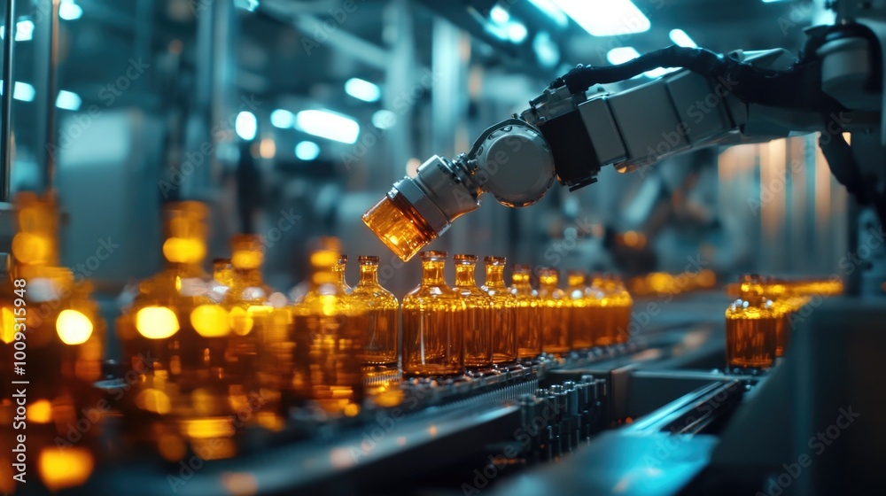 Aufkleber A machine working on filling or processing bottles of liquid in an industrial setting