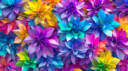 Vibrant and colorful paper flowers create stunning abstract background, showcasing spectrum of hues and intricate designs. lively arrangement evokes sense of joy and creativity