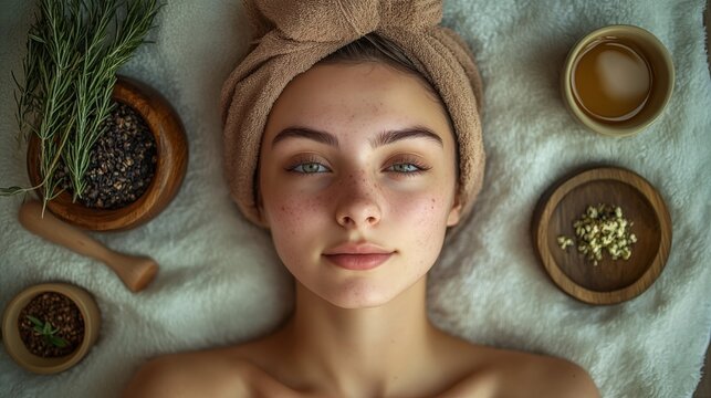 Junge Frau liegt auf einem weichen Liegetuch im Spa umgeben von verschiedenen Sch&auml;lchen mit Kr&auml;utern 