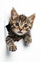 Obraz premium kitten, adorable, cute cat, animal portrait, playful, peeking through, white background A fluffy striped kitten curiously emerges from a torn paper hole, showcasing its captivating eyes and playful