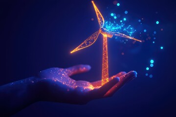 A glowing digital hand holding a wind turbine, representing the intersection of renewable energy and futuristic technology. Ideal for themes of innovation, green energy, and technological advancements