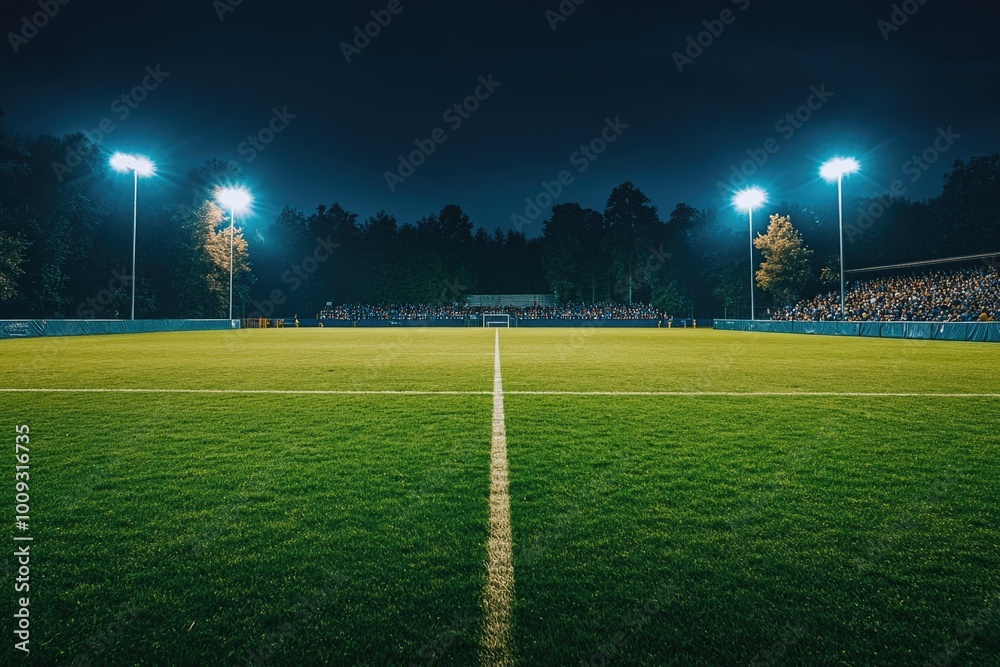Poster a soccer field under the stars with a cheering crowd