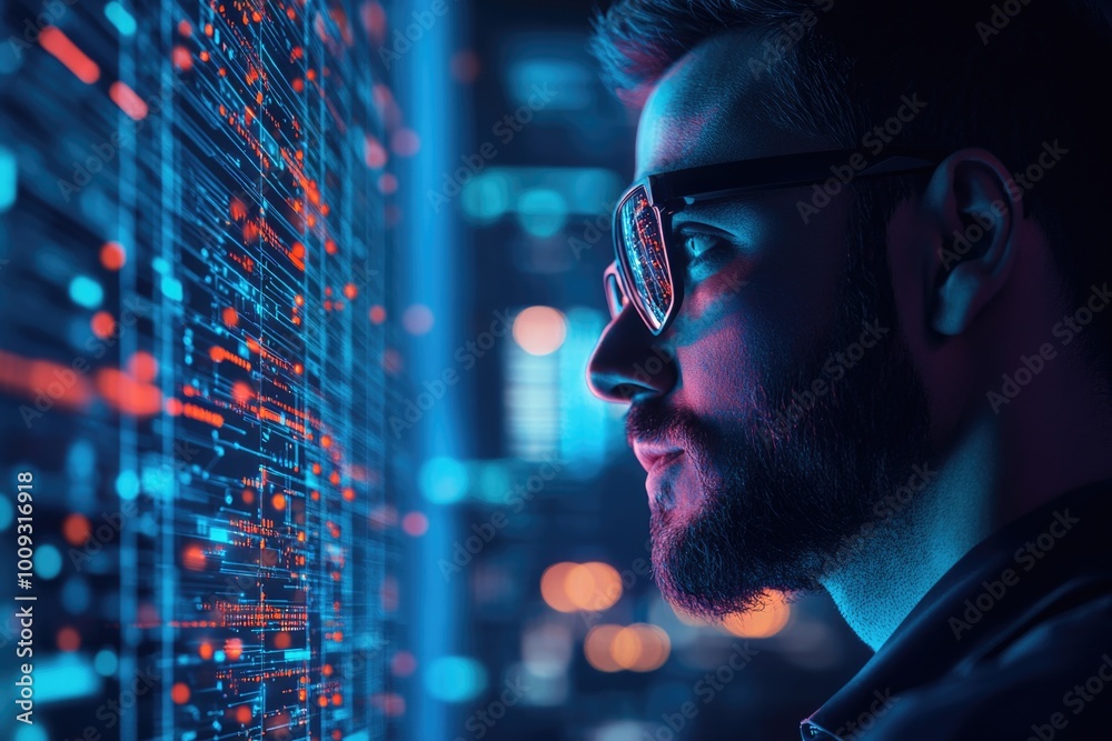 Poster A person sitting at a desk with glasses and staring at a computer screen, possibly working or learning