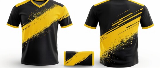 Two dynamic black and yellow football jerseys, folded neatly on a white surface, displayed in front and back views with a matching object.