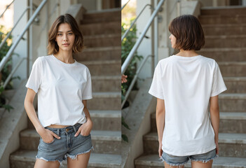 A female young woman white plain t-shirt mockup model on outdoor background, Front and back view