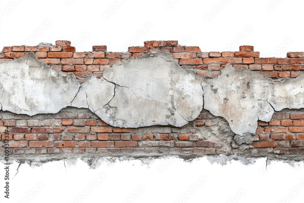 Aufkleber a worn-out brick wall with visible cracks on a plain white background