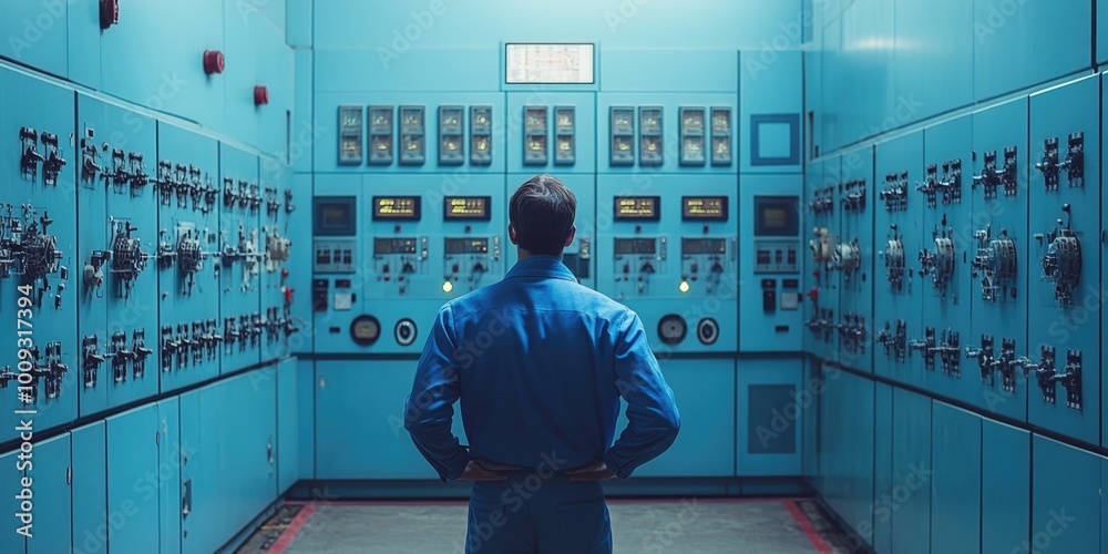Poster A person stands in front of a panel with multiple switches, possibly controlling electricity or machinery