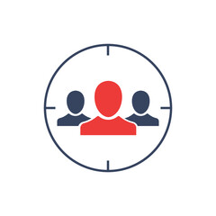 Target with audience icon. Headhunting symbol. Aim people concept. Market segment vector illustration. Client targeting sign.