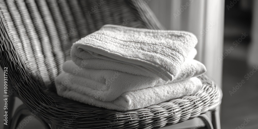 Aufkleber a stack of towels resting on the back of a wicker chair