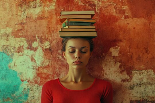 A woman stands with a stack of books on her head, possibly as part of a creative or humorous display