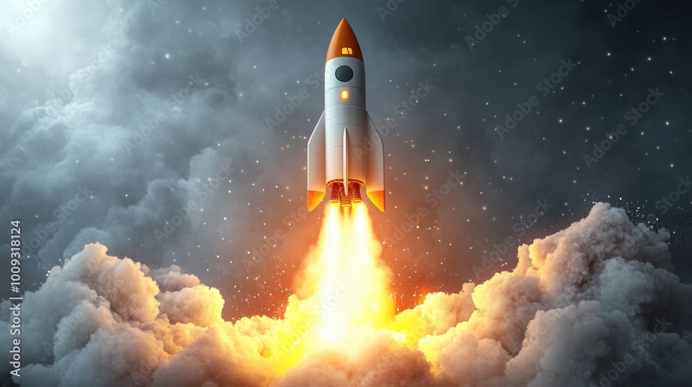 Poster A rocket soaring through the sky with a visible smoke trail