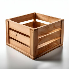 wooden box isolated on white.A minimalist wooden crate box with smooth, polished surfaces and clean edges, isolated on a pure white background. The natural grain of the wood is subtly visible, emphasi