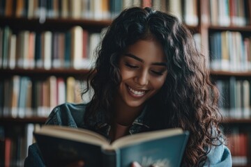 A person sitting at a table in a quiet library, surrounded by books and shelves