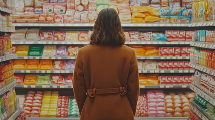 A woman in a brown coat stands in a colorful candy aisle of a supermarket looking at the variety of sweets.