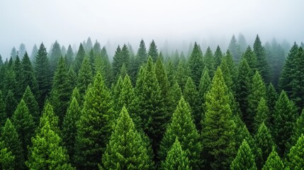 Obraz premium Explore a serene mountainous area where tall evergreen trees emerge from a blanket of mist, creating a mystical atmosphere perfect for contemplation and adventure.