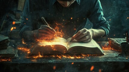 A writer completing their novel, feeling a profound sense of accomplishment and creative fulfillment. Concept of storytelling and literary success.