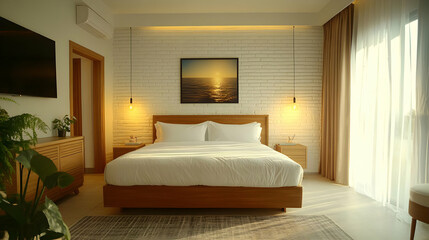 White Brick Wall Bedroom with Wooden Bed and Sunset Artwork Illustration
