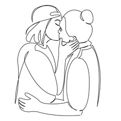 One continuous single drawing line art doodle girl couple female kiss love. Isolated flat illustration hand draw contour on a white background
