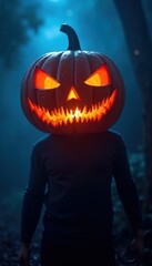 A spooky figure with a glowing pumpkin head stands in a misty forest, capturing the eerie essence of Halloween.