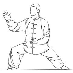 One continuous single drawing line art doodle qigong, chinese, exercise, people, health, sport, concentration, spirituality. Isolated flat illustration hand draw contour on a white background
