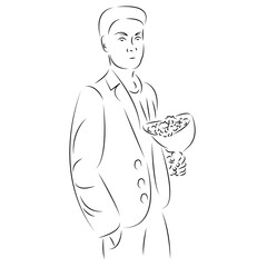 One continuous single drawing line art flat doodle man, flower, gift, celebration, romantic. Isolated image hand draw contour on a white background
