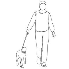 One continuous single drawing line art doodle dog, man, animal, one, walk. Isolated flat illustration hand draw contour on a white background
