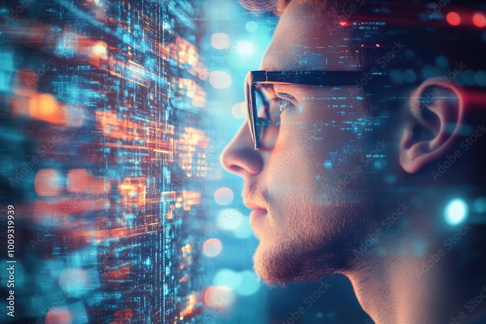Poster a person examining computer screen with glasses on, useful for it or office scenes