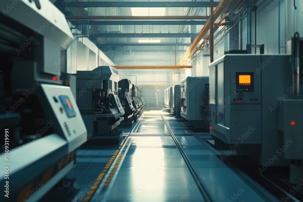 Poster massive machinery array in a factory setting, ideal for industrial or business illustrations
