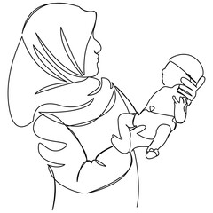 One continuous single drawing line art doodle woman, child, newborn, doctor, baby, muslim. Isolated flat illustration hand draw contour on a white background
