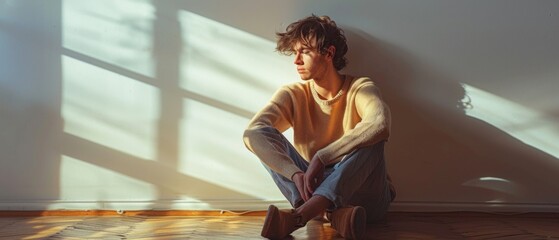 A man in a yellow sweater and blue jeans sits cross-legged in a sunlit room, casting shadows on the wall, gazing to the left. The room is bare.