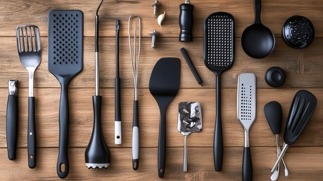 A collection of black kitchen utensils arranged on a wooden surface for cooking.