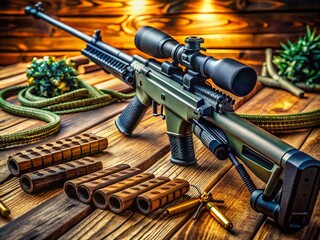 Obraz premium High-quality rifle resting on a wooden table, surrounded by ammunition and tactical gear in focus