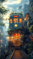 A whimsical train-themed café seen from the outside, with characters enjoying their time inside, surrounded by a cityscape in soft muted colors 