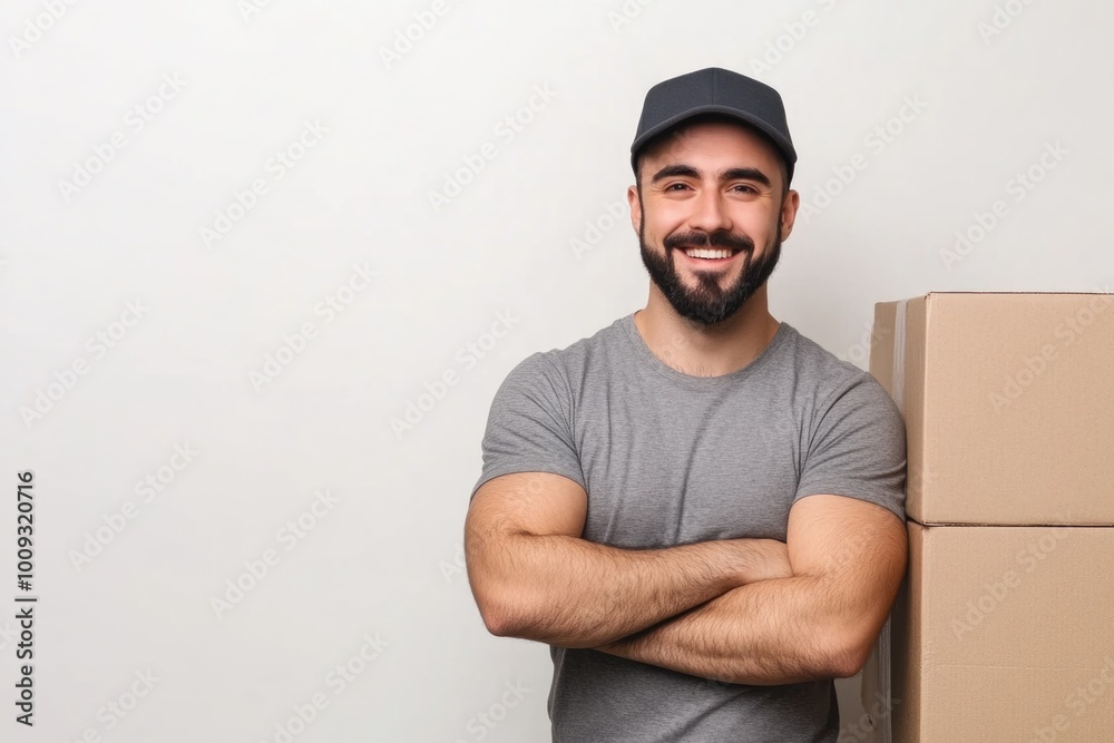 Poster A person standing next to a pile of containers or boxes, possibly for storage or moving